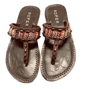 Roper Leather Western-Inspired Brown Striped Padded T-Strap Sandals Fits‎ SZ 7-8